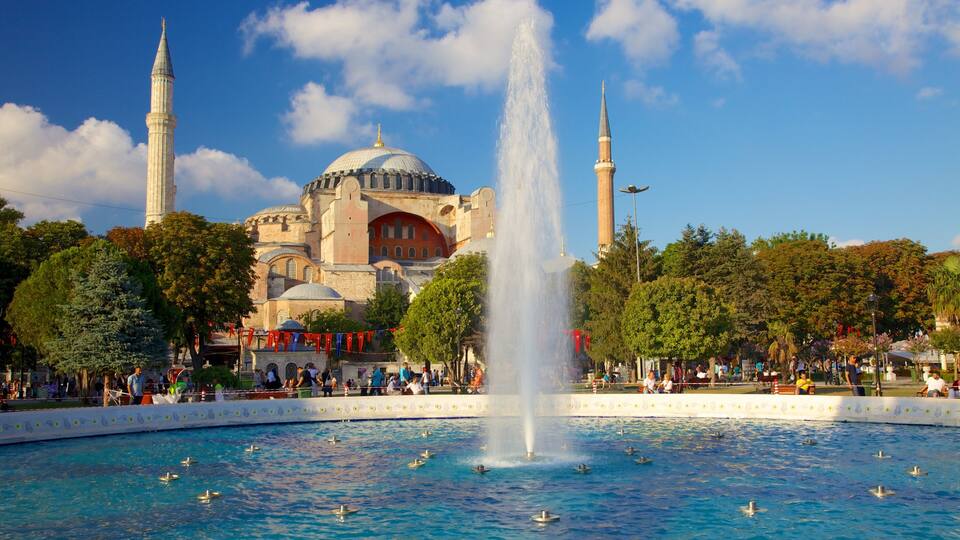 Um edifício histórico com uma cúpula grande e minaretes, uma fonte e uma piscina ao redor com cisnes.