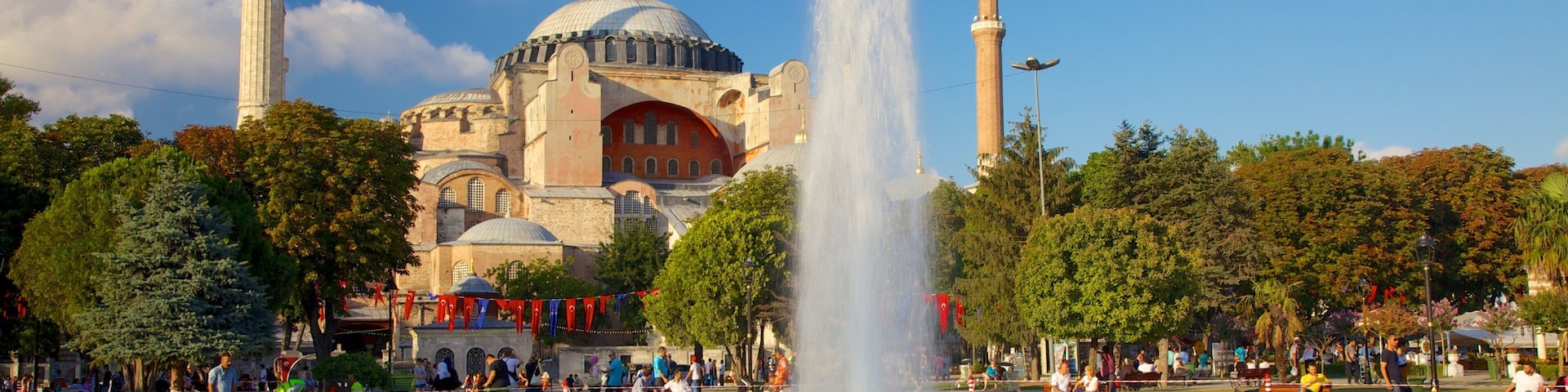 Hagia Sophia showing a fountain, a church or cathedral and a pond