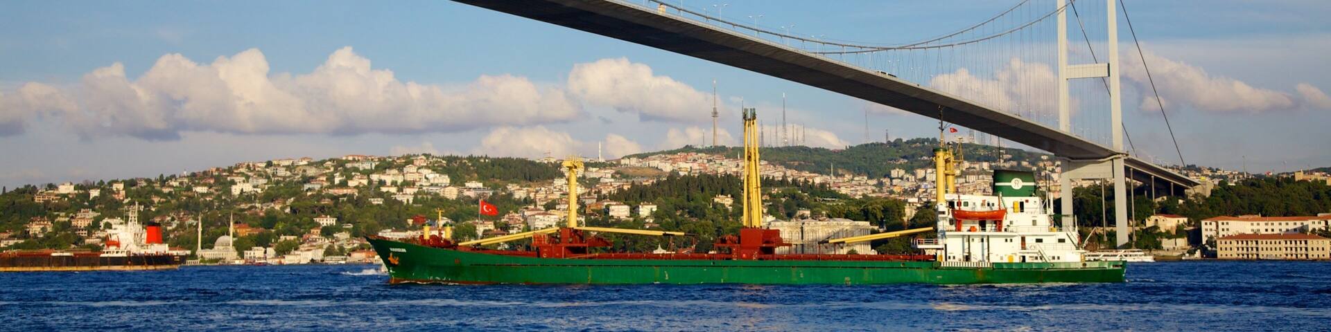 Bosporus-Brücke mit einem Kreuzfahrten, Küstenort und Fluss oder Bach