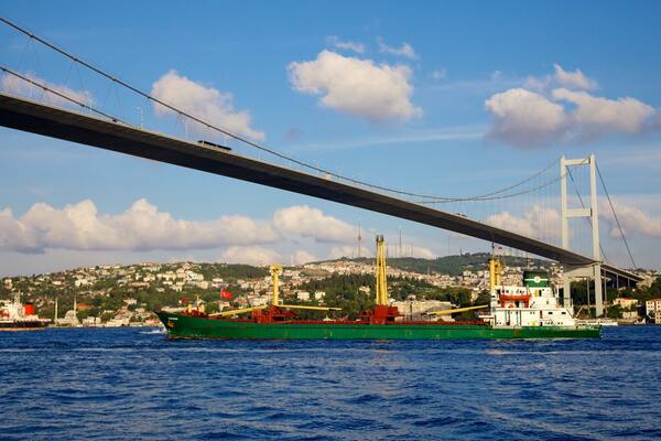 Bosporus-Brücke mit einem Kreuzfahrten, Küstenort und Fluss oder Bach