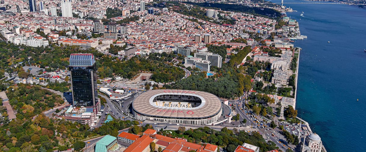 Bird's-eye overhead 6K view of Vodafone Park Besiktas stadium in Istanbul