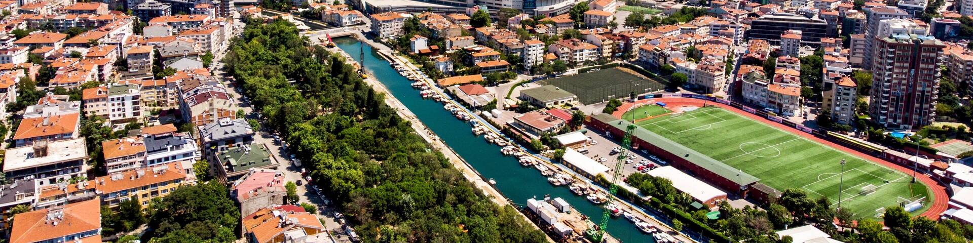 Istanbul, Turkey - February 23, 2018: Aerial Drone View Kadikoy Moda Kurbagalidere with Fenerbahce Stadium Sukru Saracoglu in Istanbul