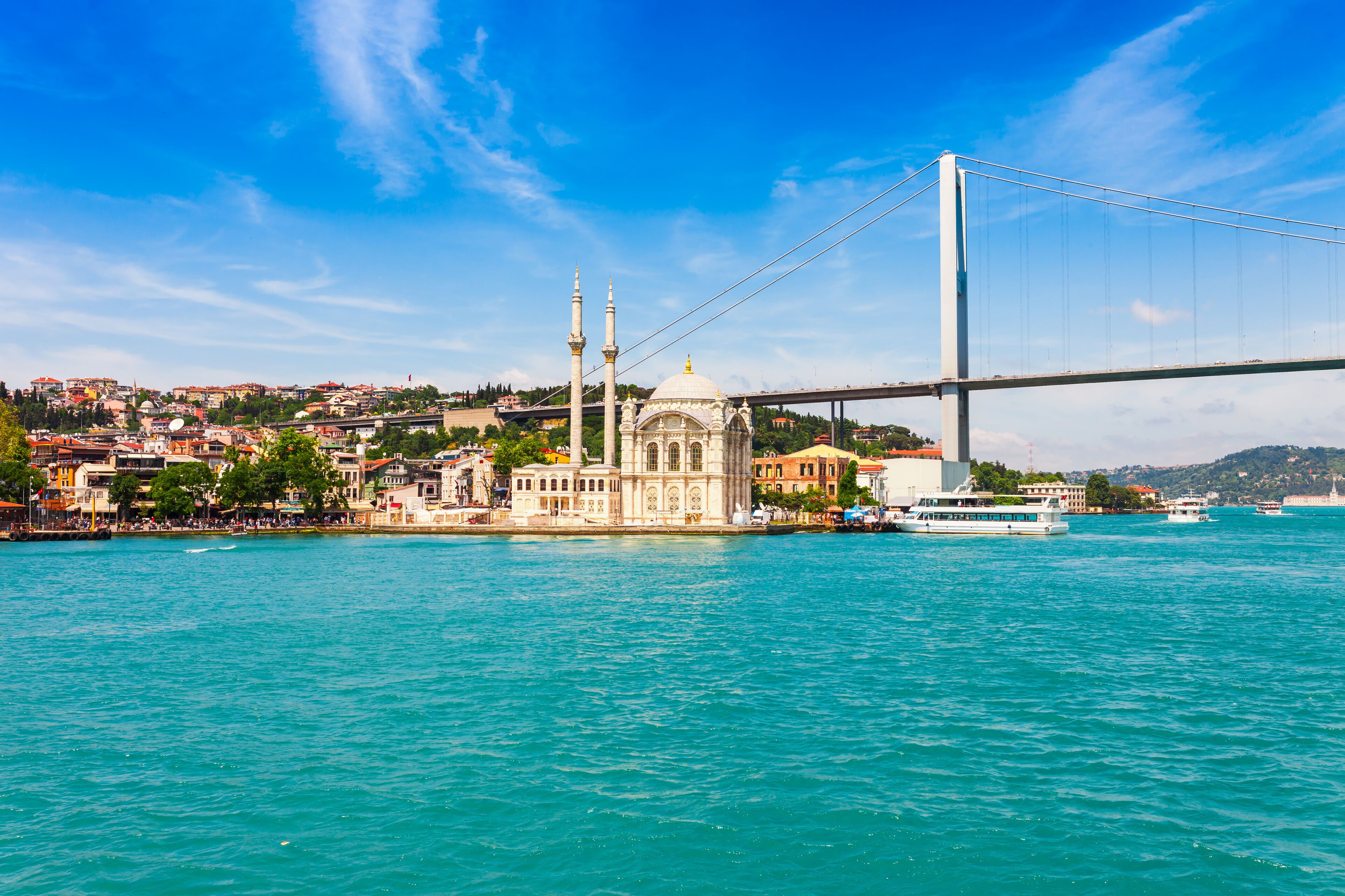 Panoramic view of Istanbul. Panorama cityscape of famous tourist destination Bosphorus strait channel. Travel landscape Bosporus, Turkey, Europe and Asia.
