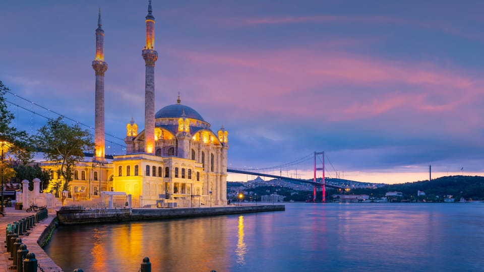Ortakoy mosque on the shore of Bosphorus in Istanbul Turkey