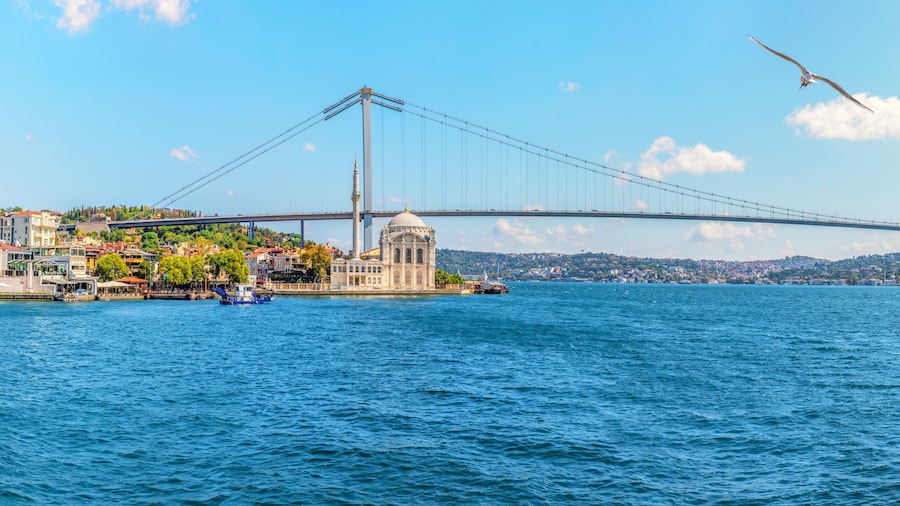 The Bosphorus Bridge and the Ortakoy Mosque in Istanbul, Turkey, panoramic view