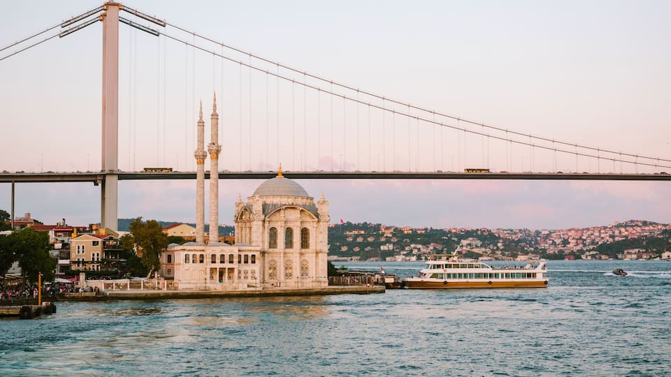 View of Ortaköy Mosque and Bridge in Istanbul at sunset