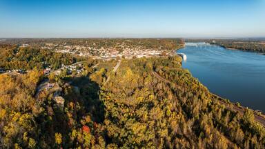 Aerial view of the city of Hannibal in Missouri from Lovers Leap overlook with Mississippi River and cruise boat