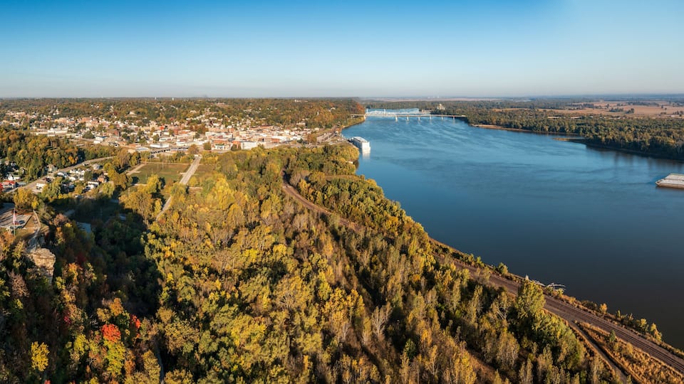 A river with a bridge, a town, and a forested hillside.
