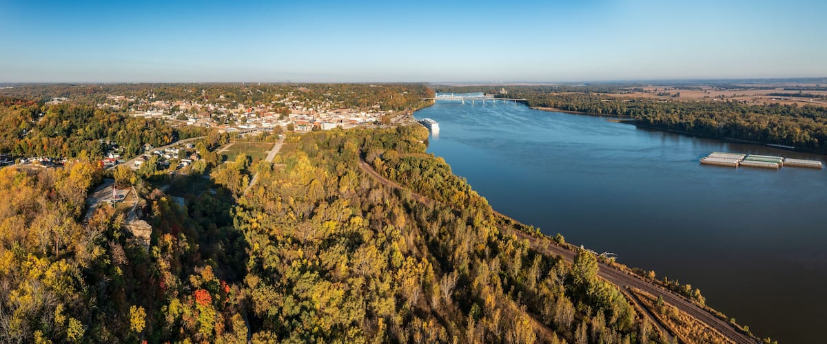 A river with a bridge, a town, and a forested hillside.