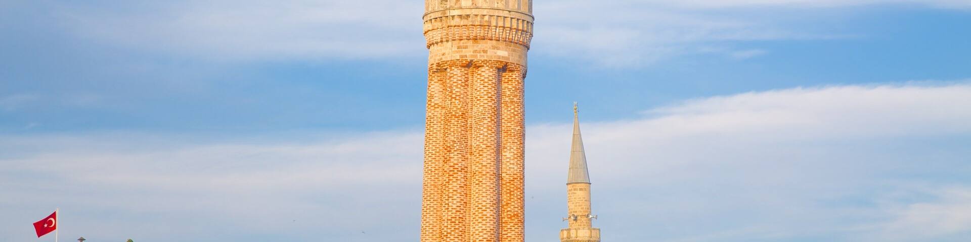 Yivli Minaret showing religious elements and a mosque