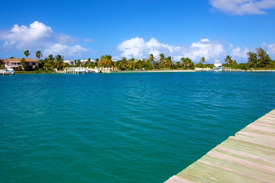 A wooden pier extending into turquoise waters, with a backdrop of palm trees and a clear blue sky.