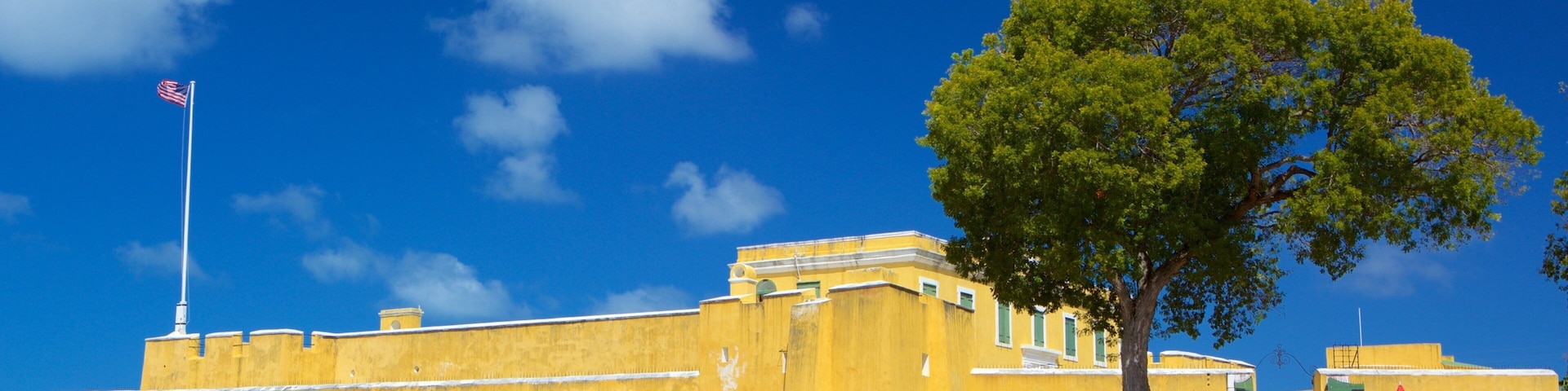 Um edifício amarelo com um mastro, uma árvore e um céu azul límpido.