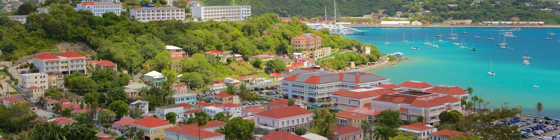 Blackbeard\'s Castle showing a coastal town and landscape views