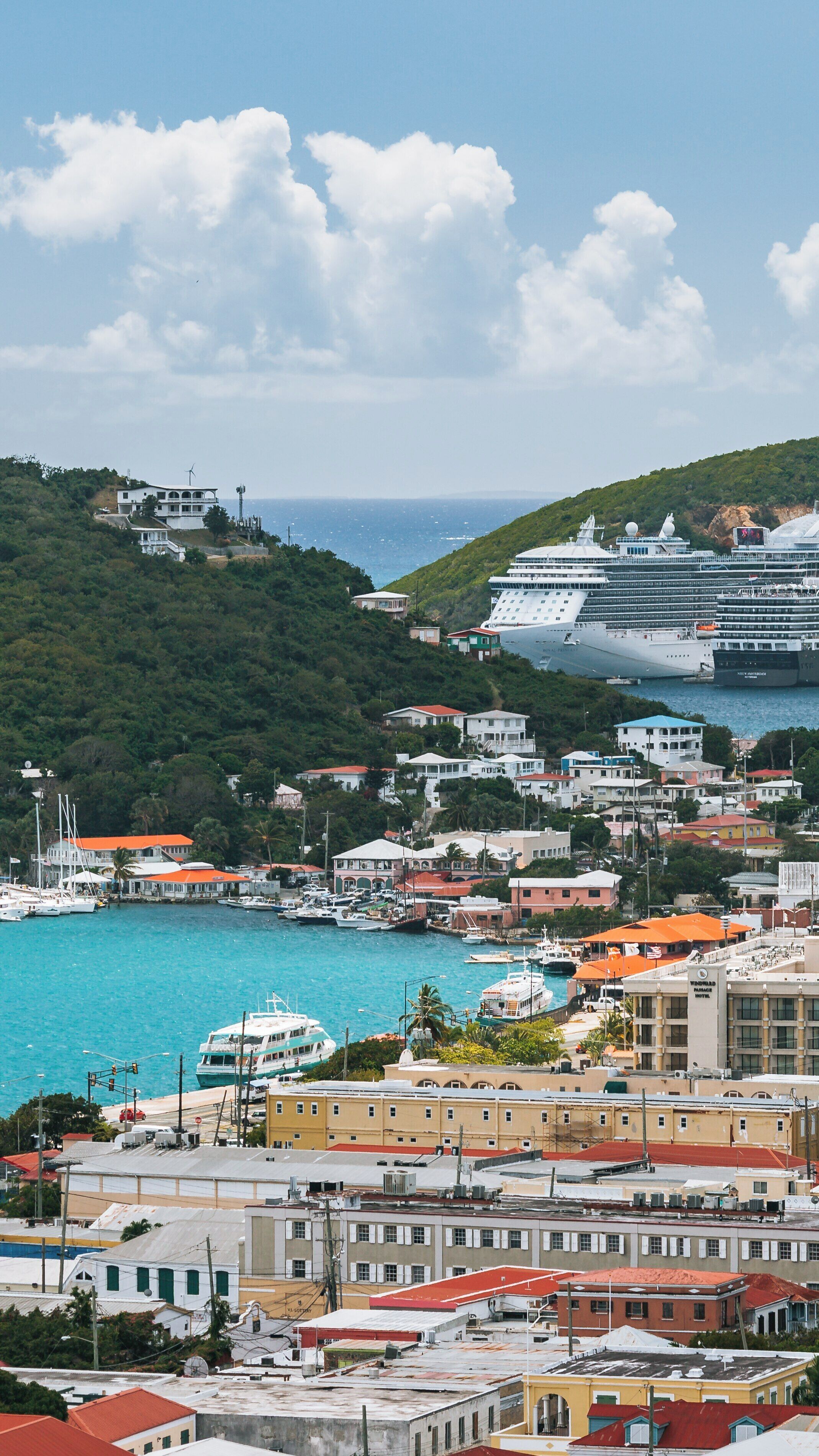 Blackbeard's Castle overlooks the vibrant harbor of Charlotte Amalie in the U.S. Virgin Islands on a sunny day filled with cruising activity