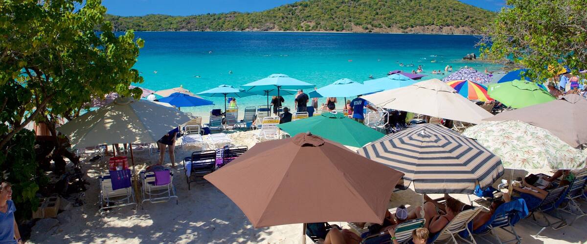 A beach with turquoise water, umbrellas, and people relaxing.