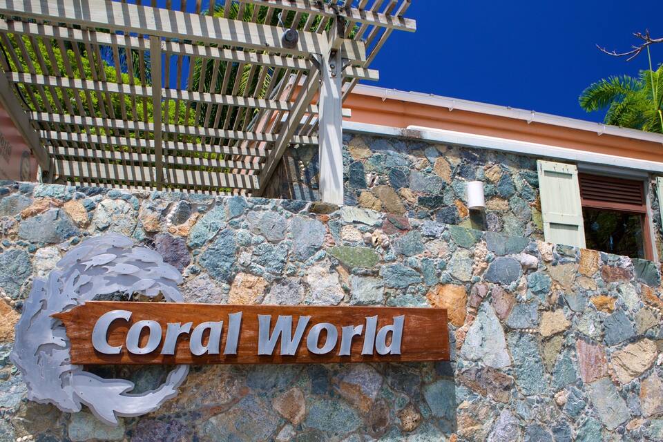 A stone wall with a sign that reads "Coral World" and a wooden pergola structure above it.