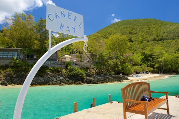 A beach with clear turquoise water, a wooden bench, and a sign that reads "Caneel Bay".