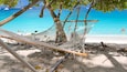A hammock on a sandy beach with clear blue water and boats in the distance.