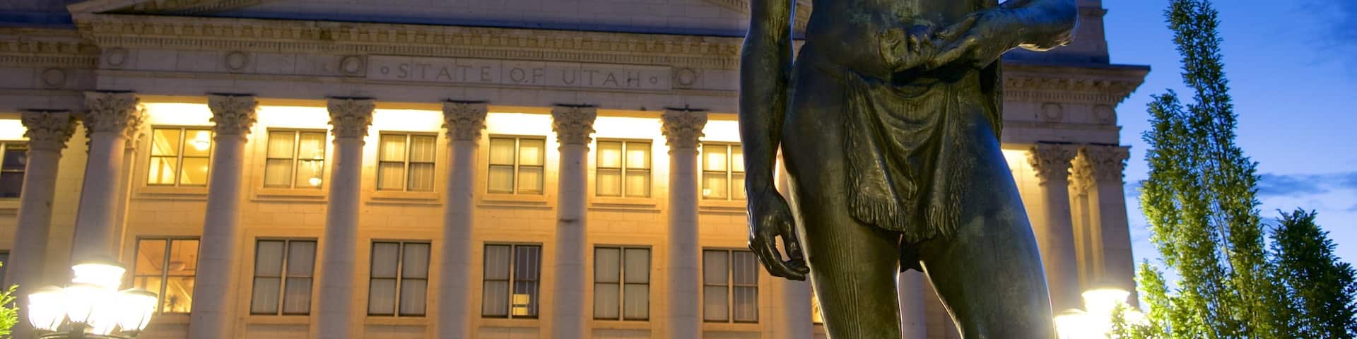 Utah State Capitol showing heritage architecture, night scenes and a statue or sculpture
