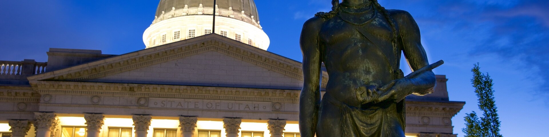 Utah State Capitol showing heritage architecture, night scenes and a statue or sculpture