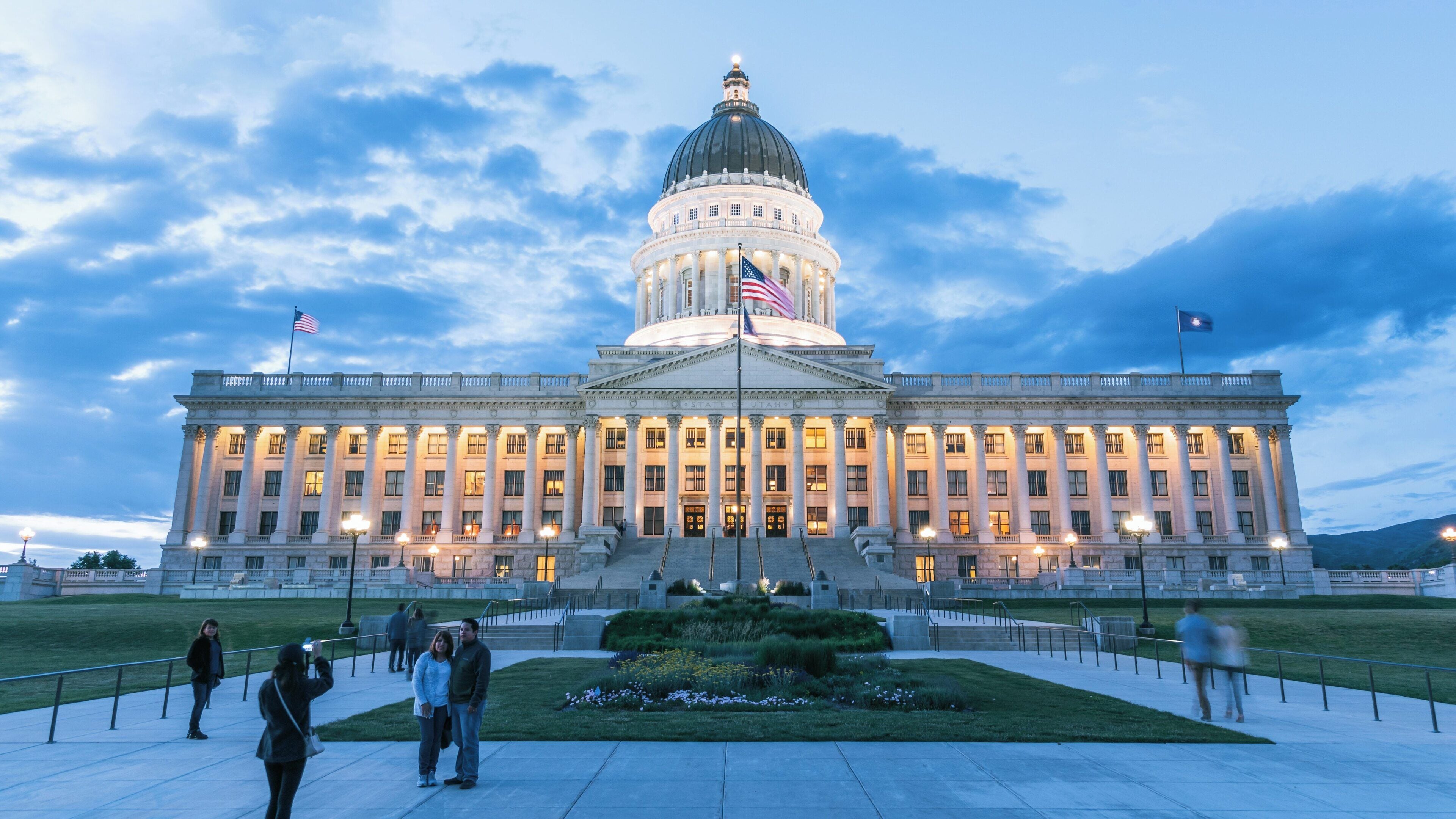 Utah State Capitol at dusk illuminating Downtown Salt Lake City with its majestic architecture and vibrant atmosphere