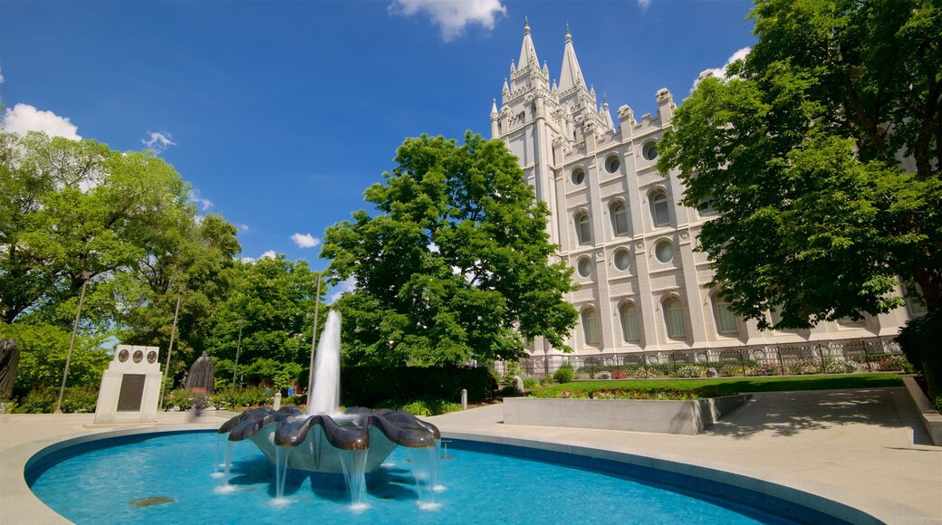 Temple Square which includes a fountain, heritage architecture and a garden
