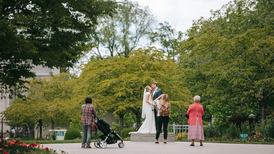 Temple Square which includes a garden as well as a couple