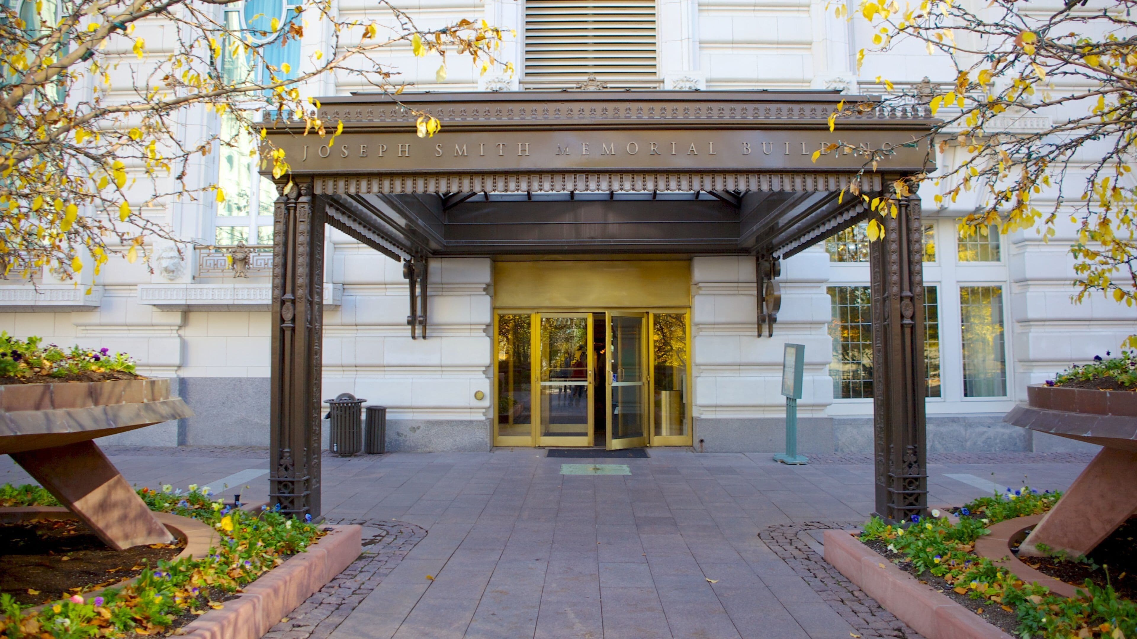 The entrance to the Joseph Smith Memorial Building with a covered entrance and a decorative facade.