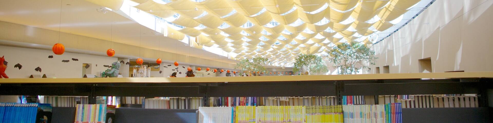 A library with a unique ceiling design and bookshelves filled with books.