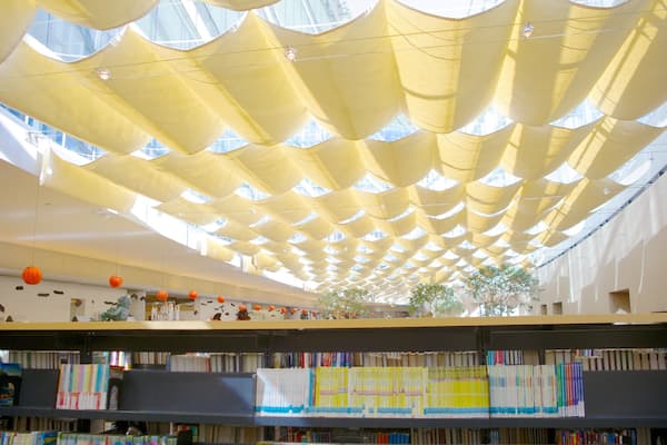 Una biblioteca con un diseño de techo único y estanterías llenas de libros.