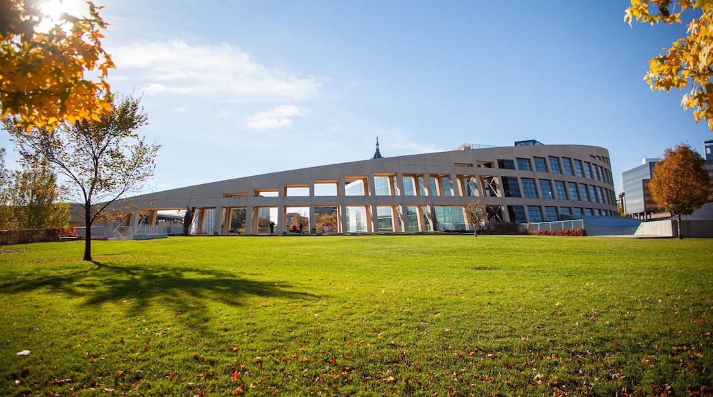 Salt Lake Public Library Main Building featuring modern architecture and a sunset
