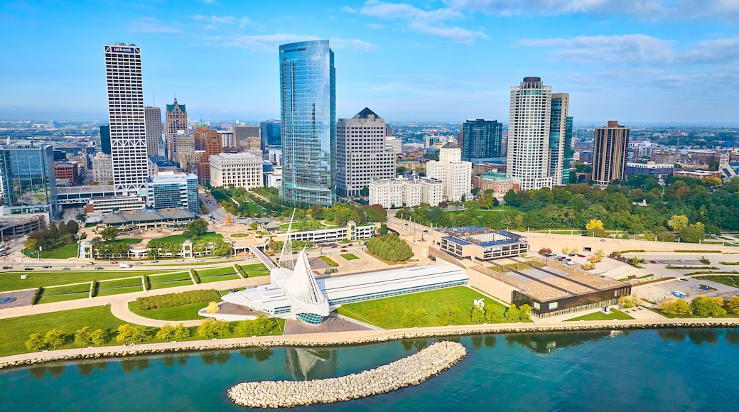 Aerial Milwaukee Skyline with Quadracci Pavilion and Lakefront