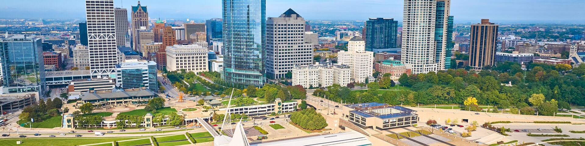 Aerial Milwaukee Skyline with Quadracci Pavilion and Lakefront