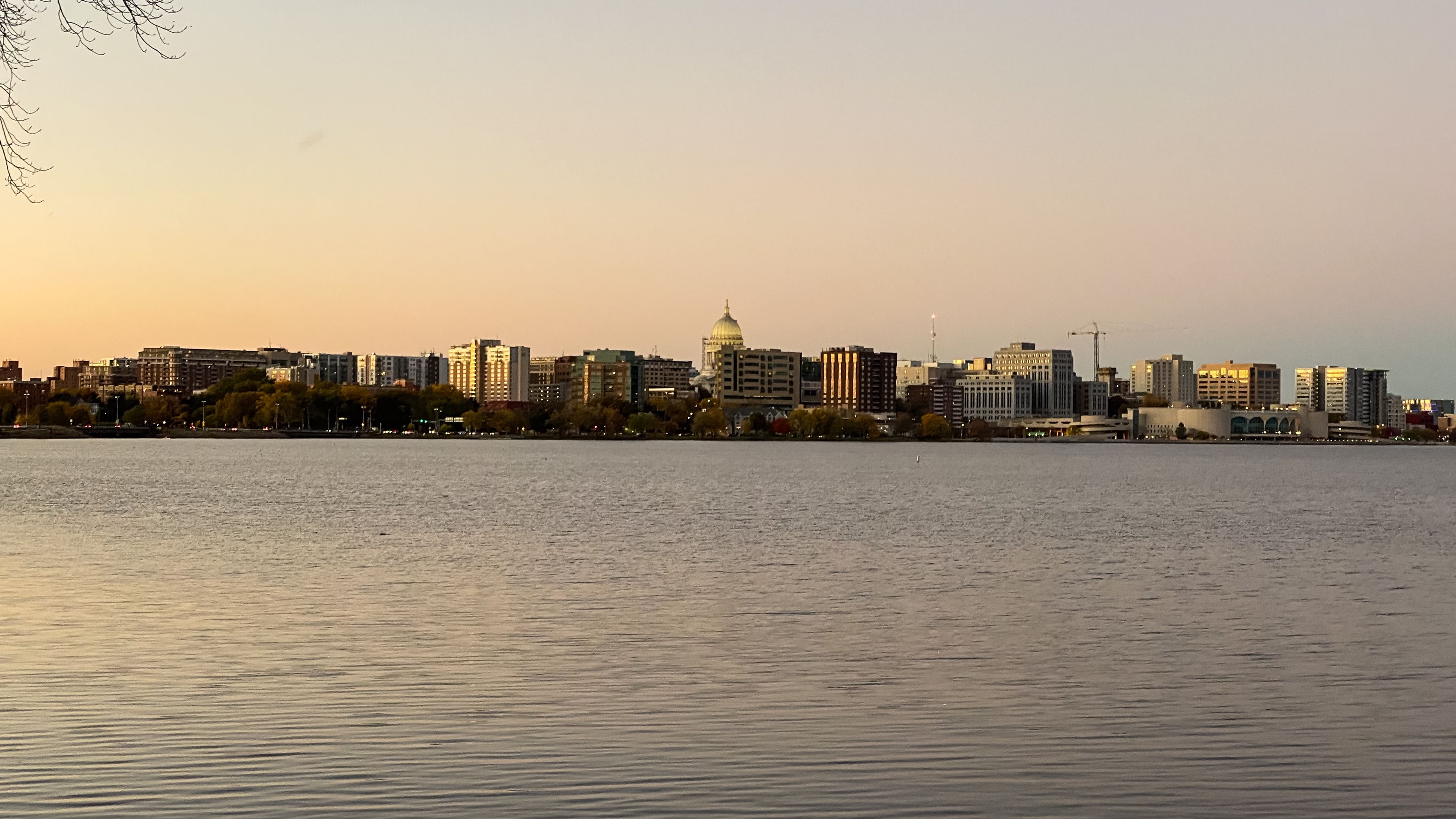 Madison Capitol Building and Skyline Over Lake Monona at Sunset