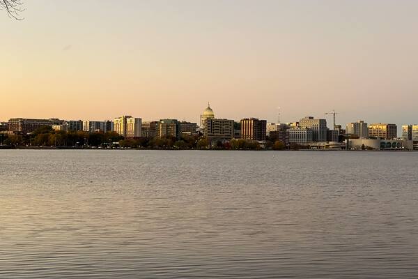 Madison Capitol Building and Skyline Over Lake Monona at Sunset