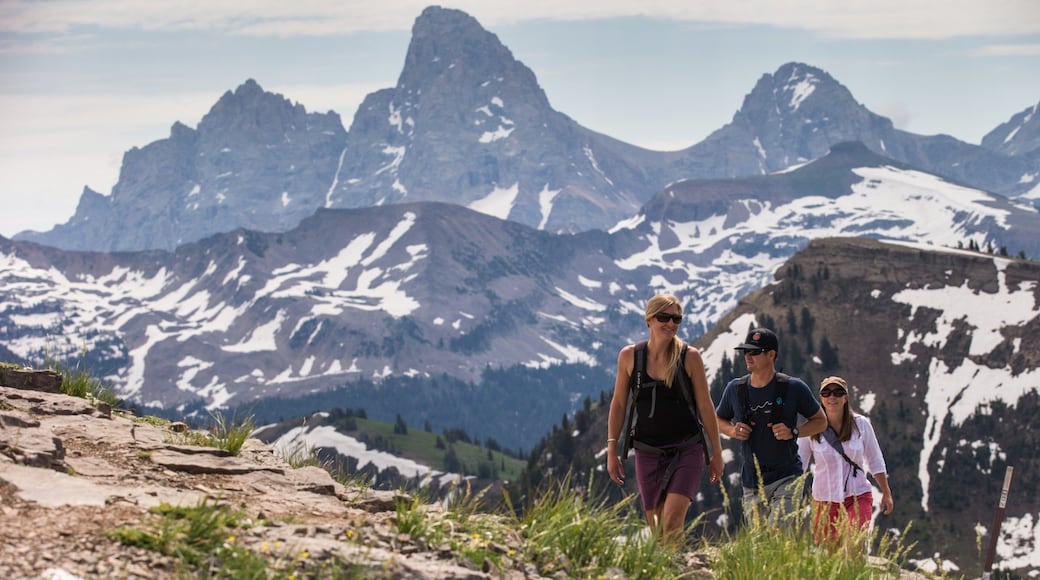 Grand Targhee Resort showing hiking or walking, snow and mountains