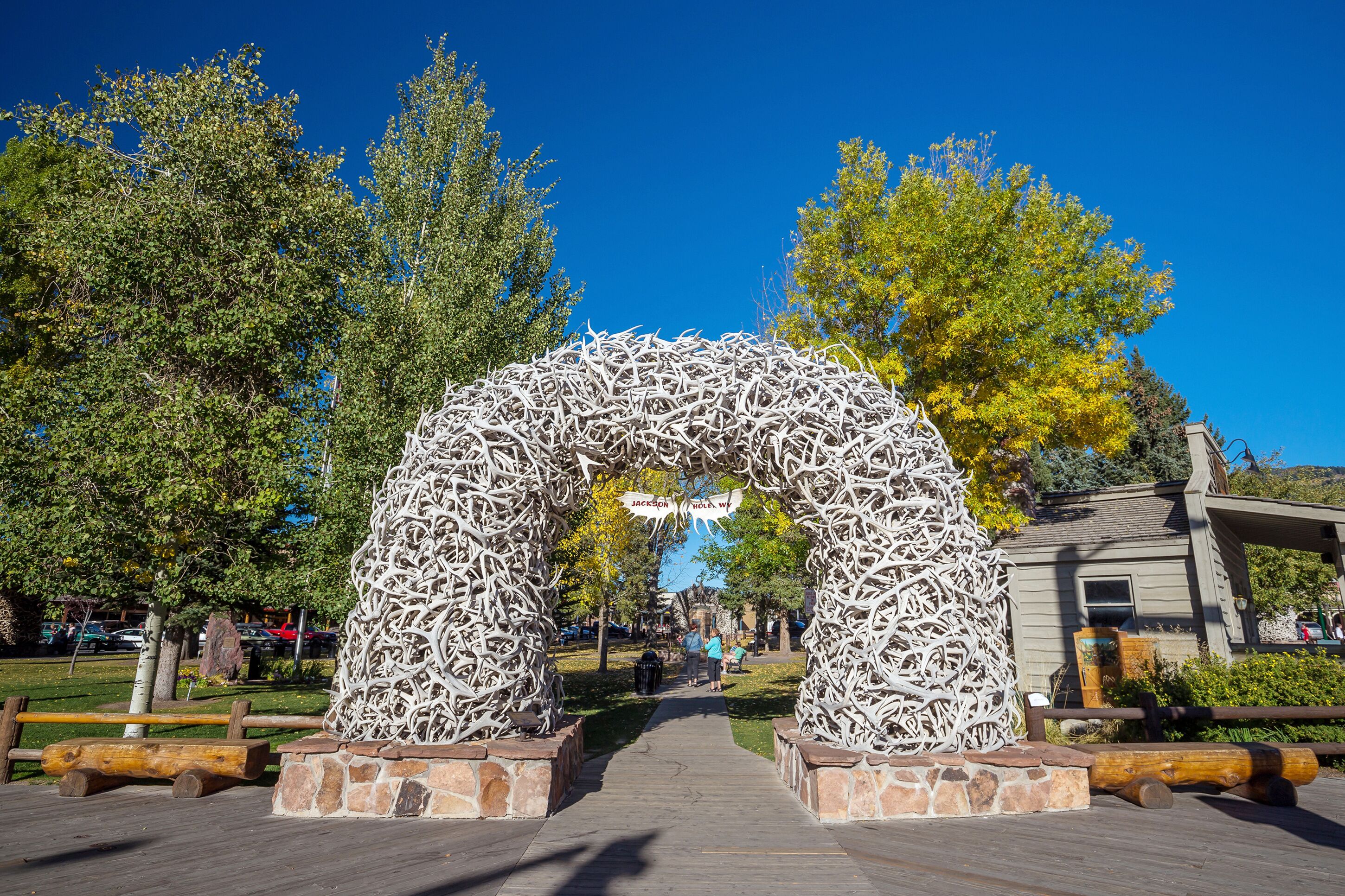 Large elk antler arches curve over Jackson Hole, Wyoming