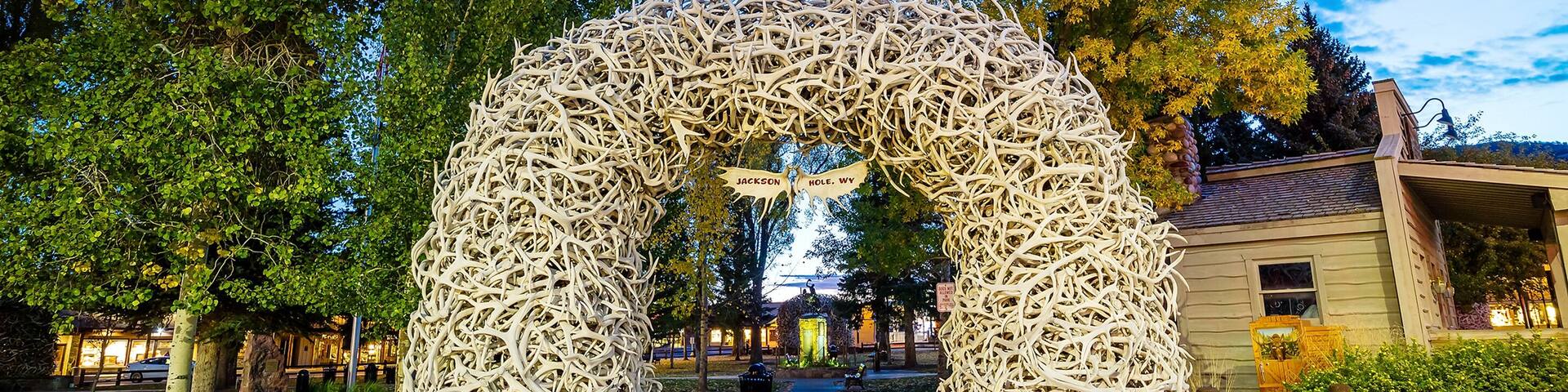 Large elk antler arches curve over Jackson Hole, Wyoming