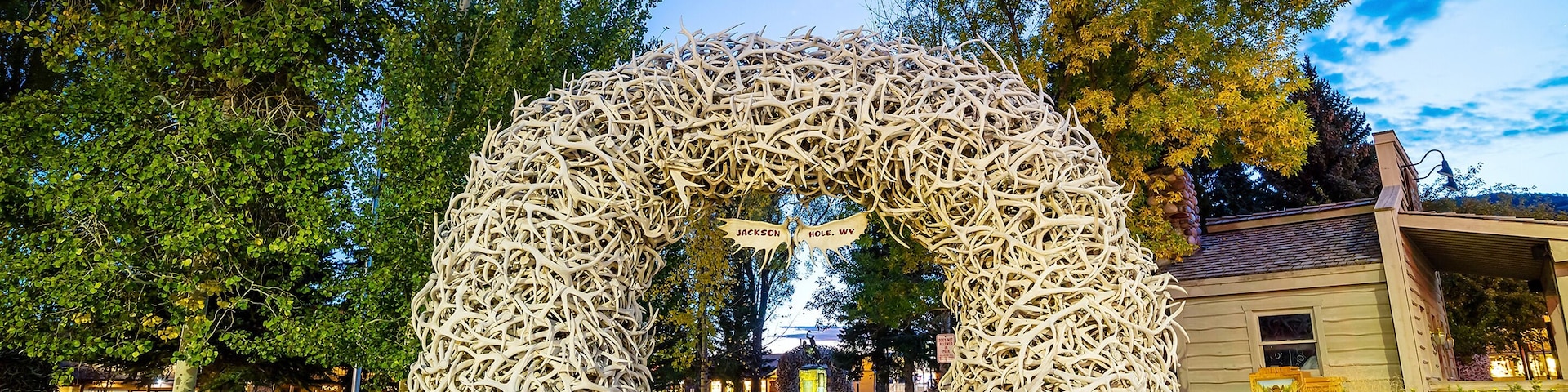 Large elk antler arches curve over Jackson Hole, Wyoming
