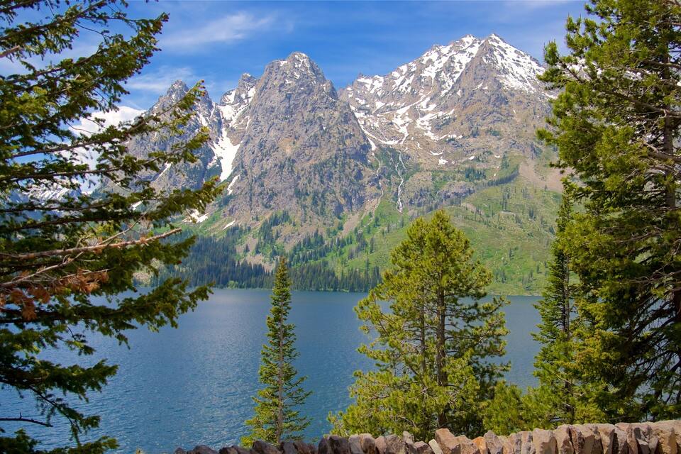 A mountain range with snow-capped peaks, a lake, and surrounding evergreen trees.