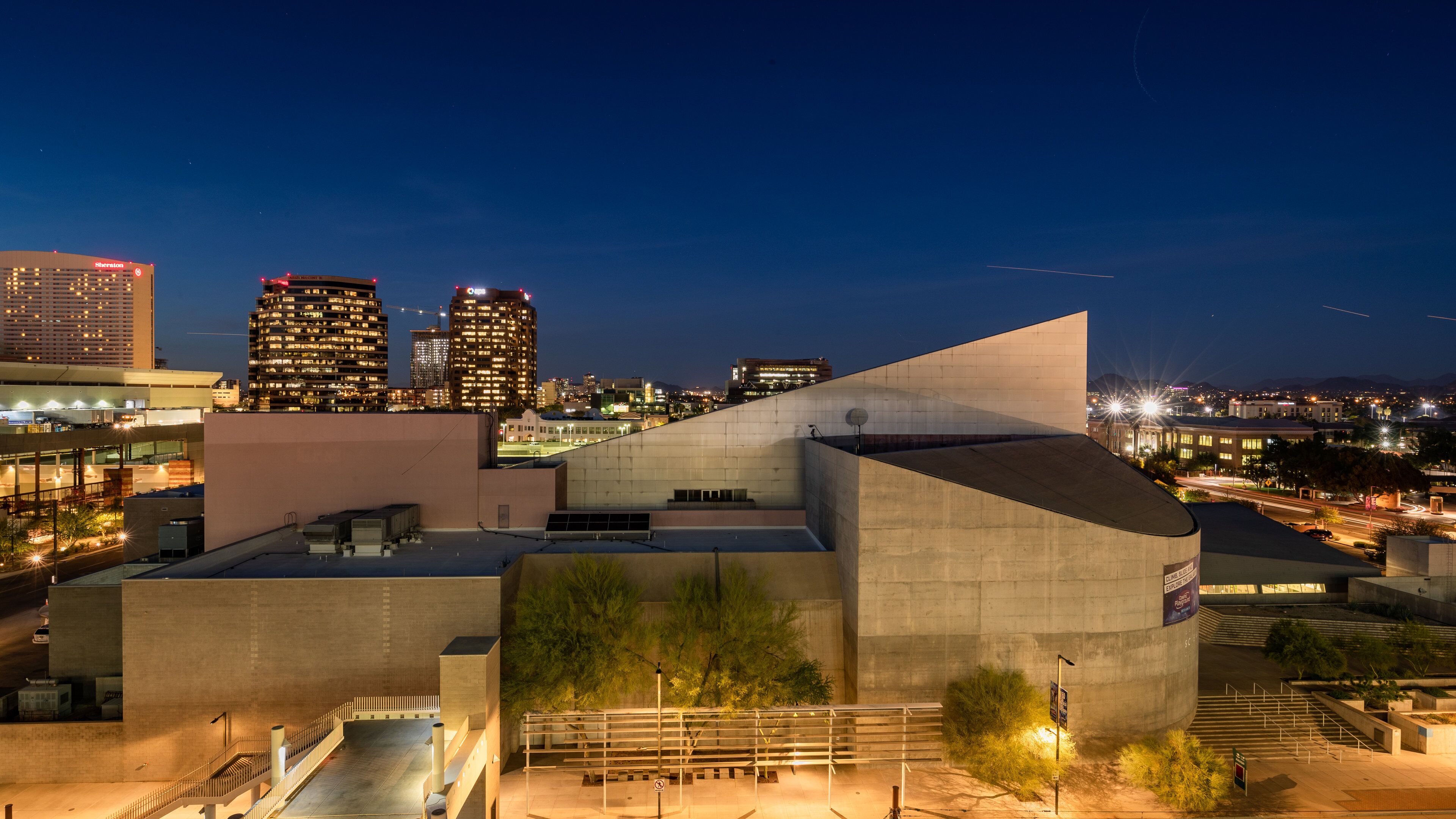 Arizona Science Center showing a city, landscape views and night scenes