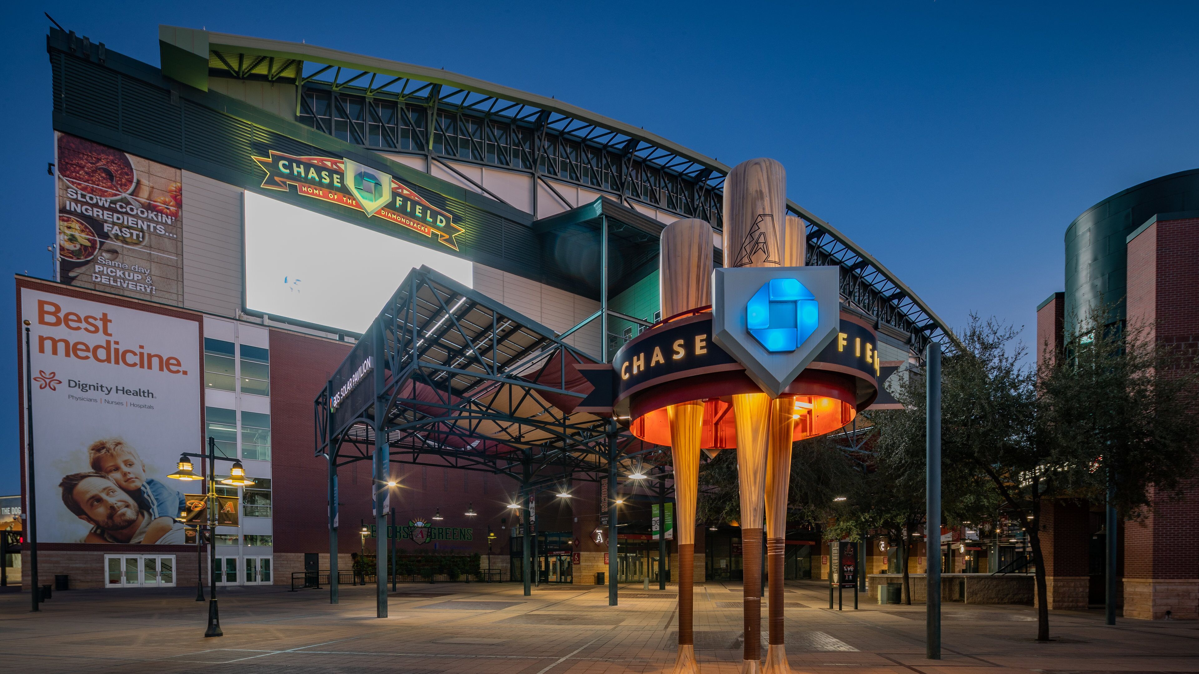 Chase Field featuring signage and night scenes