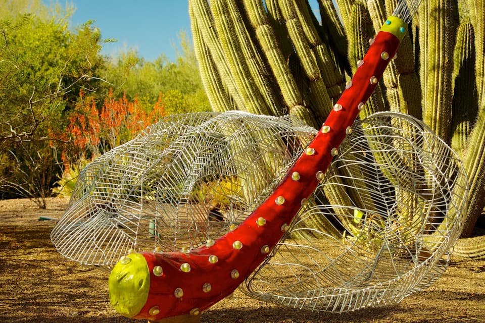 A large cactus with a red and yellow sculpture in front of it.