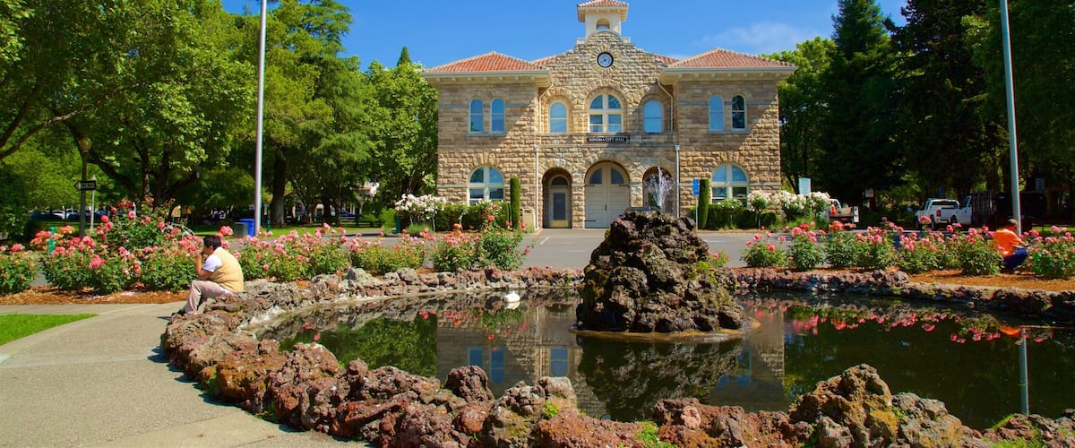 Sonoma Plaza which includes a fountain, flowers and heritage elements