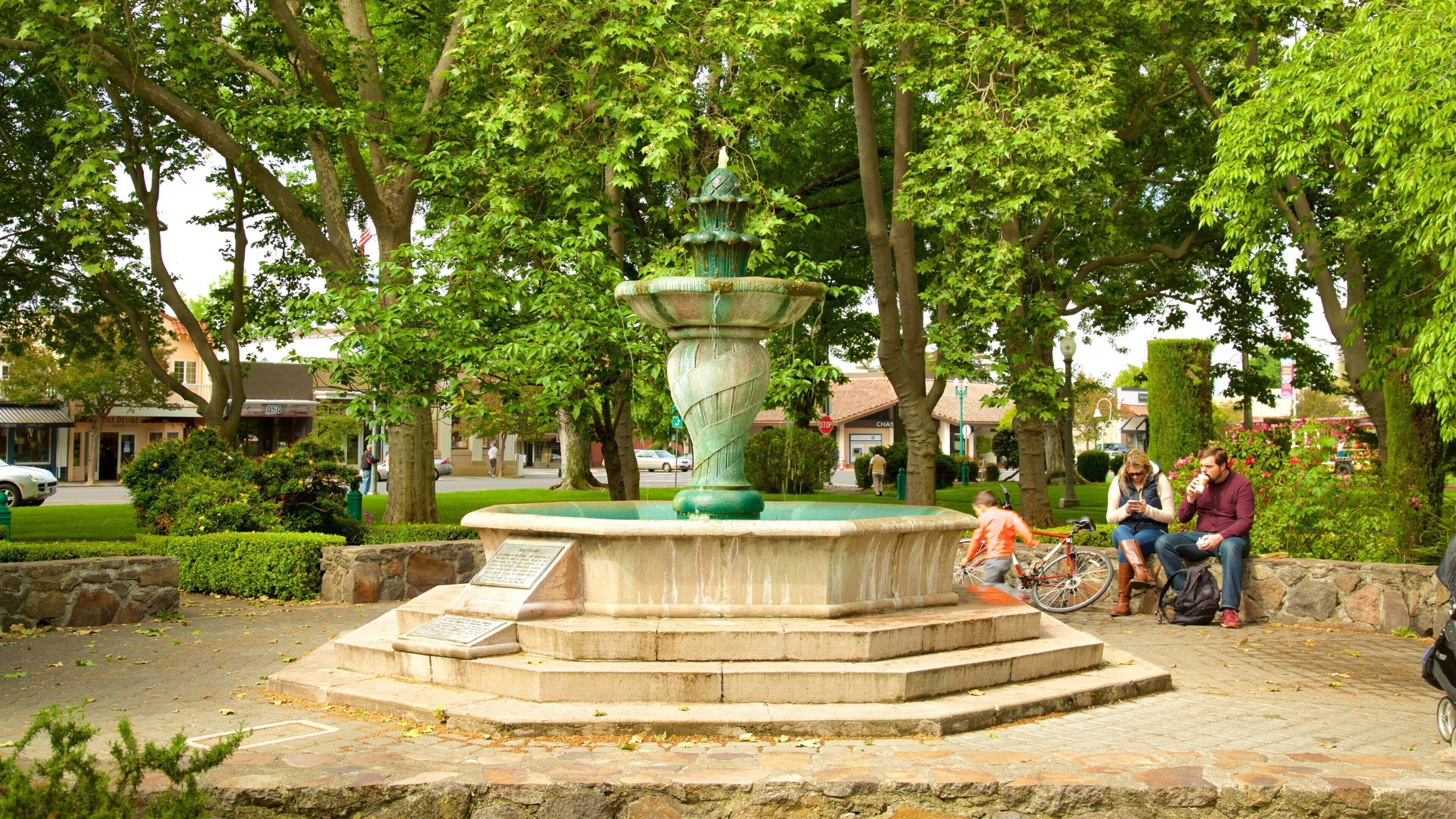 Sonoma Plaza showing a garden, a fountain and heritage elements