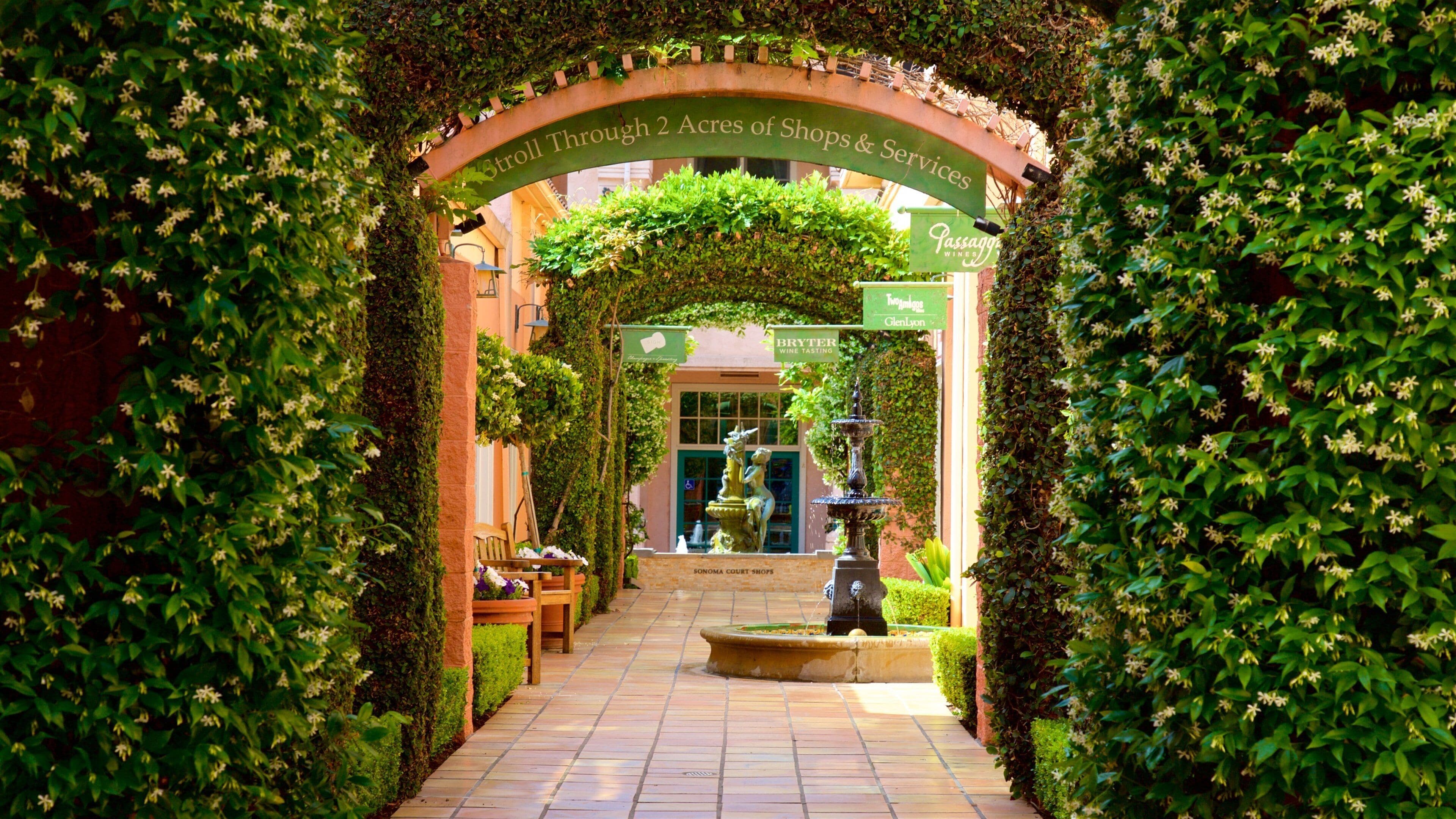 A pathway flanked by lush greenery and an archway with signage.