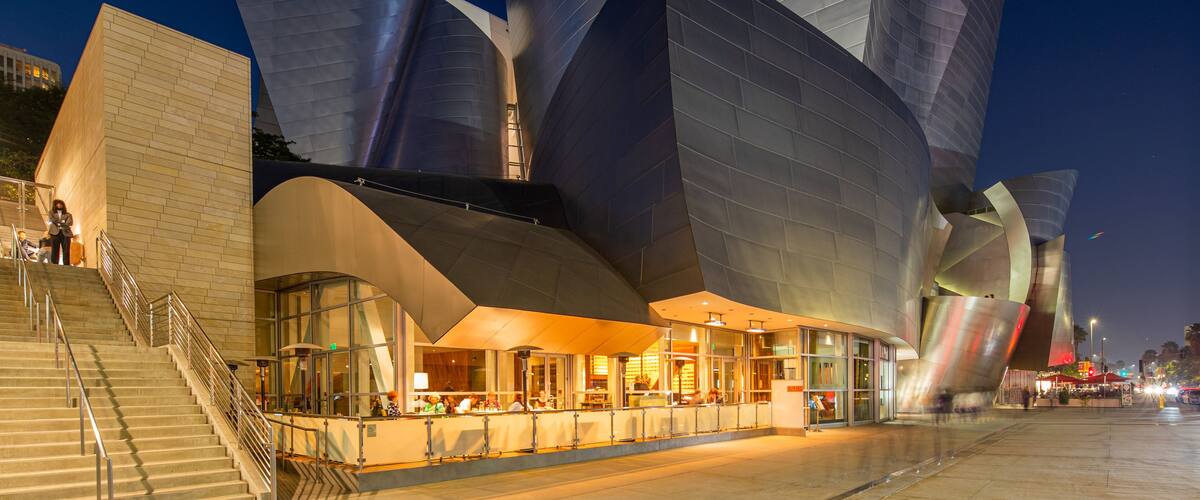Walt Disney Concert Hall which includes modern architecture and night scenes