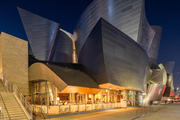 Walt Disney Concert Hall which includes modern architecture and night scenes