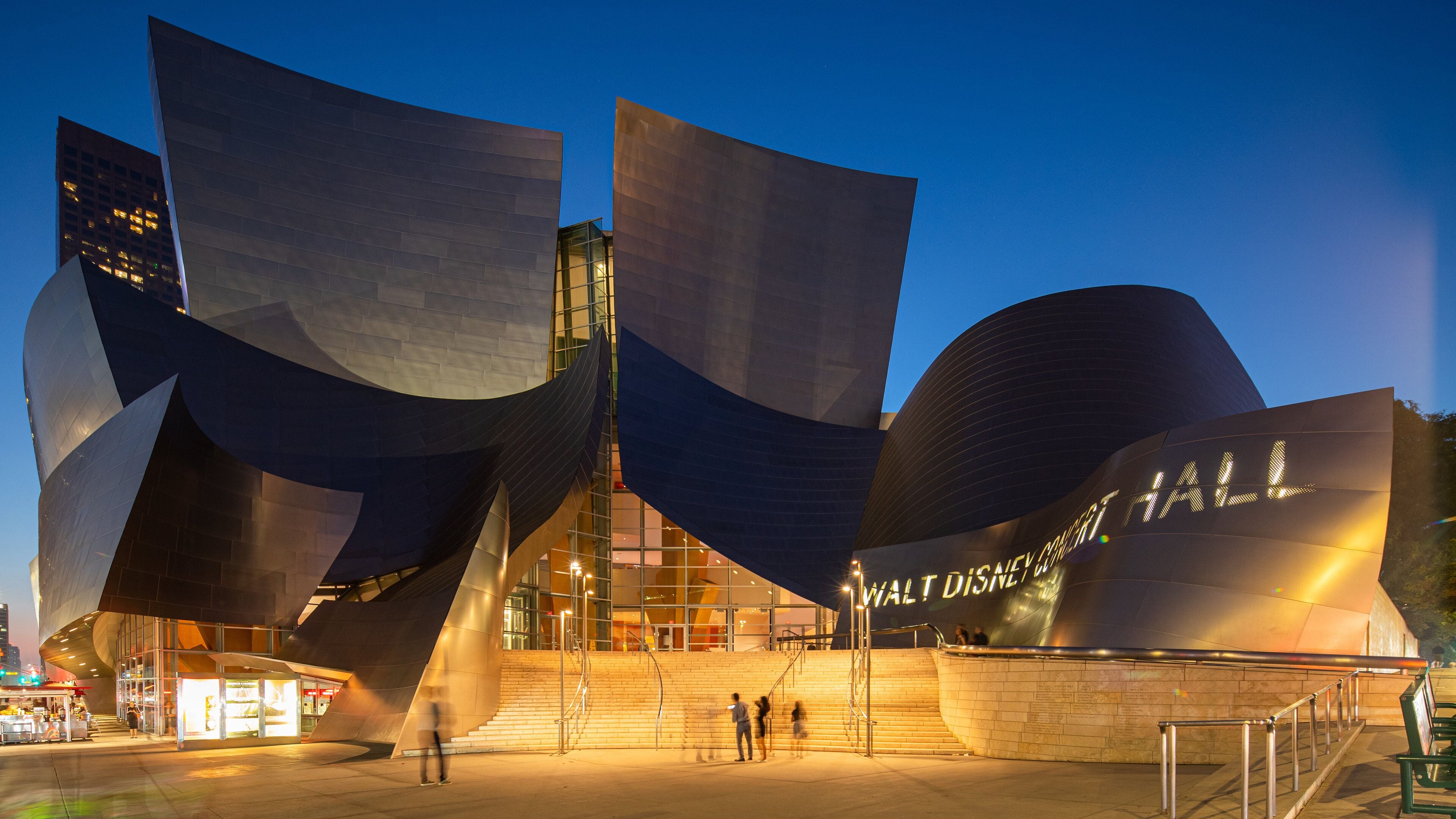 Walt Disney Concert Hall featuring night scenes, signage and modern architecture