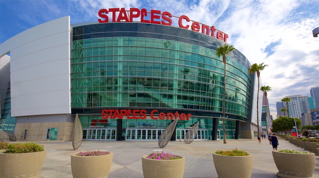 Crypto.com Arena showing modern architecture, signage and flowers
